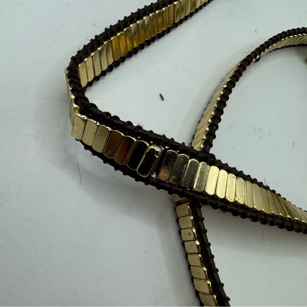 Marlyn Schiff gold tone bar bead brown leather wrap bracelet
